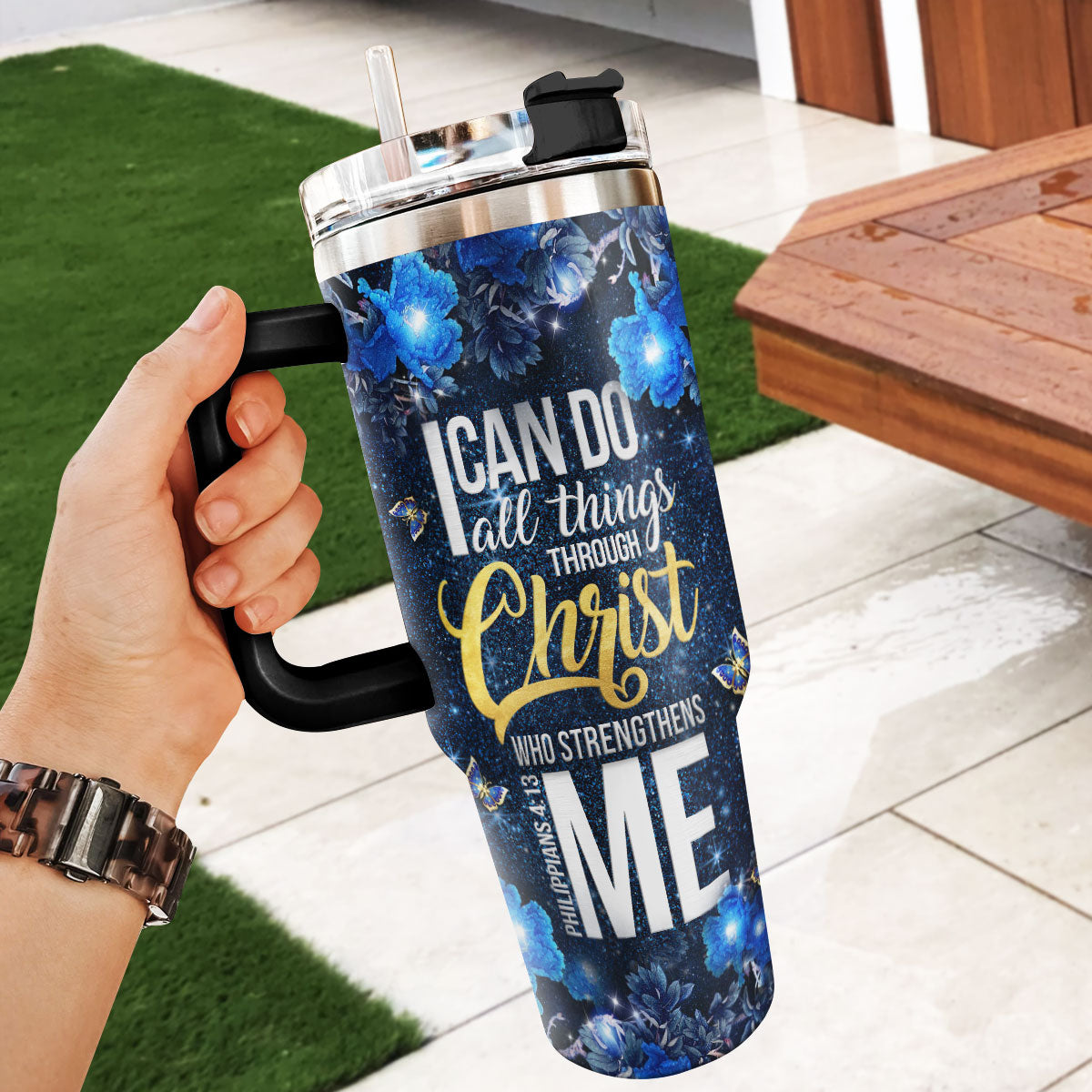 Elegant Personalized Butterfly Stainless Steel Tumbler 20oz - I Can Do All Things Through Christ Who Strengthens Me NA124