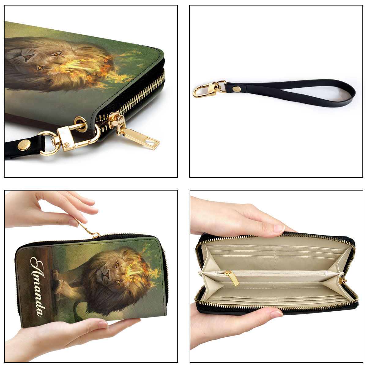 Jesuspirit | Personalized Lion Zippered Leather Clutch Purse | I Am A Daughter Of The King | Inspirational Gifts For Christian Women HIM317C