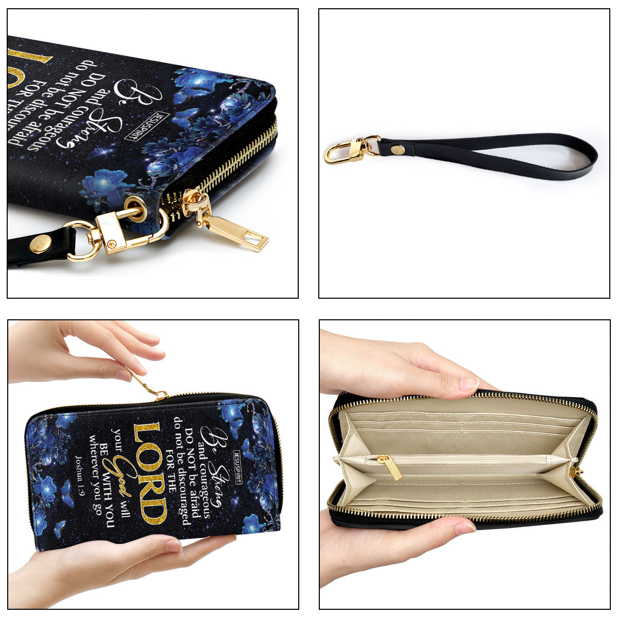 Jesuspirit | Joshua 1:9 | Religious Gift With Bible Scripture For Christian Women | Personalized Butterfly Zippered Leather Clutch Purse NM143N