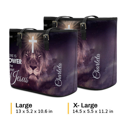 Special Personalized Lion Large Leather Tote Bag - There Is Power In The Name Of Jesus H01