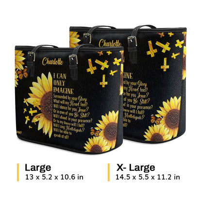 Jesuspirit | Personalized Large Leather Tote Bag With Long Strap | I Can Only Imagine | Sunflower And Cross LLTBHN153