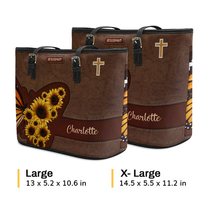 Jesuspirit | Sunflower And Butterfly | Personalized Large Leather Tote Bag With Long Strap | Spiritual Gifts For Women of God LLTBHN653