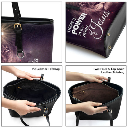 Special Personalized Lion Large Leather Tote Bag - There Is Power In The Name Of Jesus H01