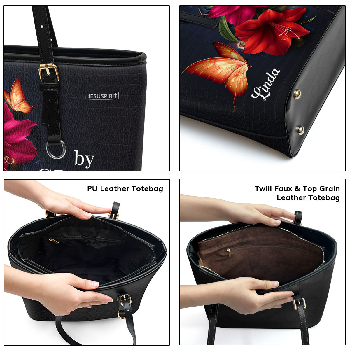 Pretty Personalized Large Leather Tote Bag - By Grace Through Faith H14