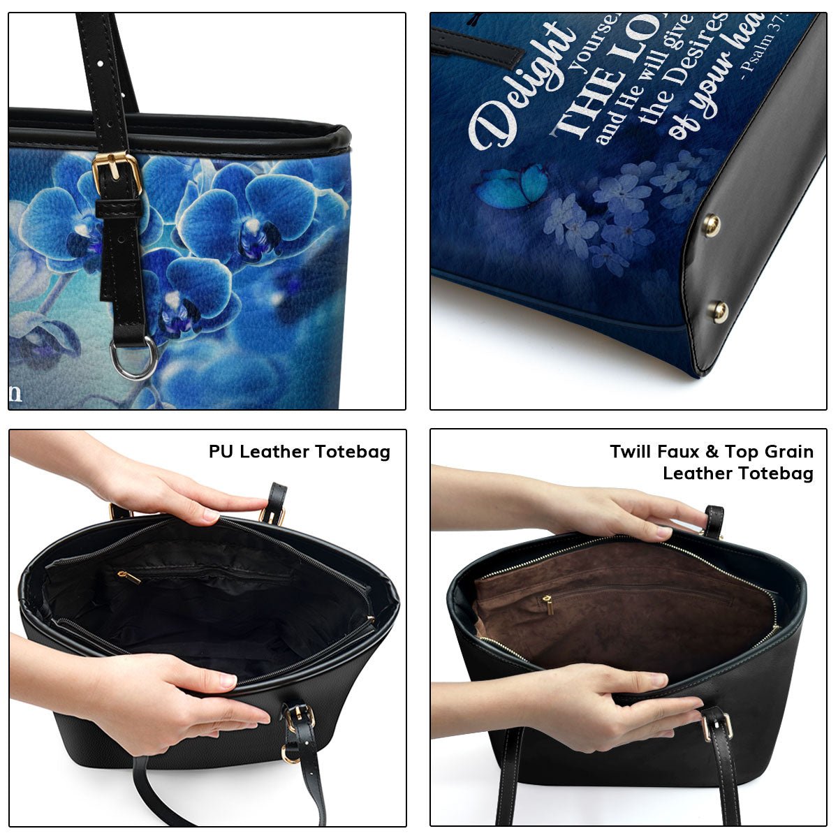 Jesuspirit | Delight Yourself In The Lord | Psalm 37:4 | Blue Orchids And Lilac | Personalized Large Leather Tote Bag LLTBH47