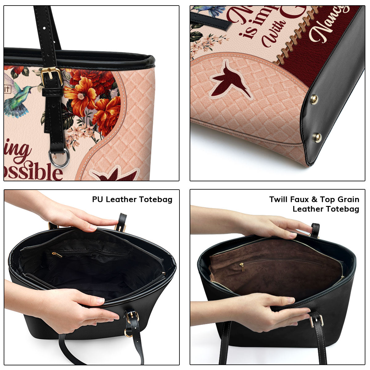 Beautiful Personalized Large Leather Tote Bag - Nothing Is Impossible With God M04