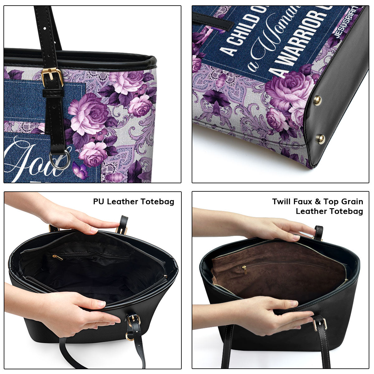 Jesuspirit | Flower And Butterfly | Personalized Purple Large Leather Tote Bag | A Child Of God M19