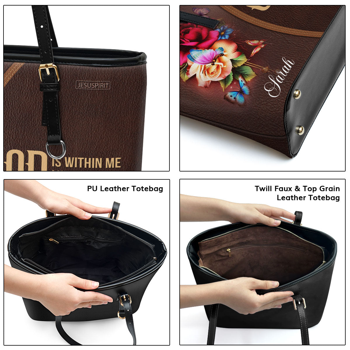 Adorable Personalized Rose Large Leather Tote Bag - God Is Within Me, I Will Not Fall NUH263