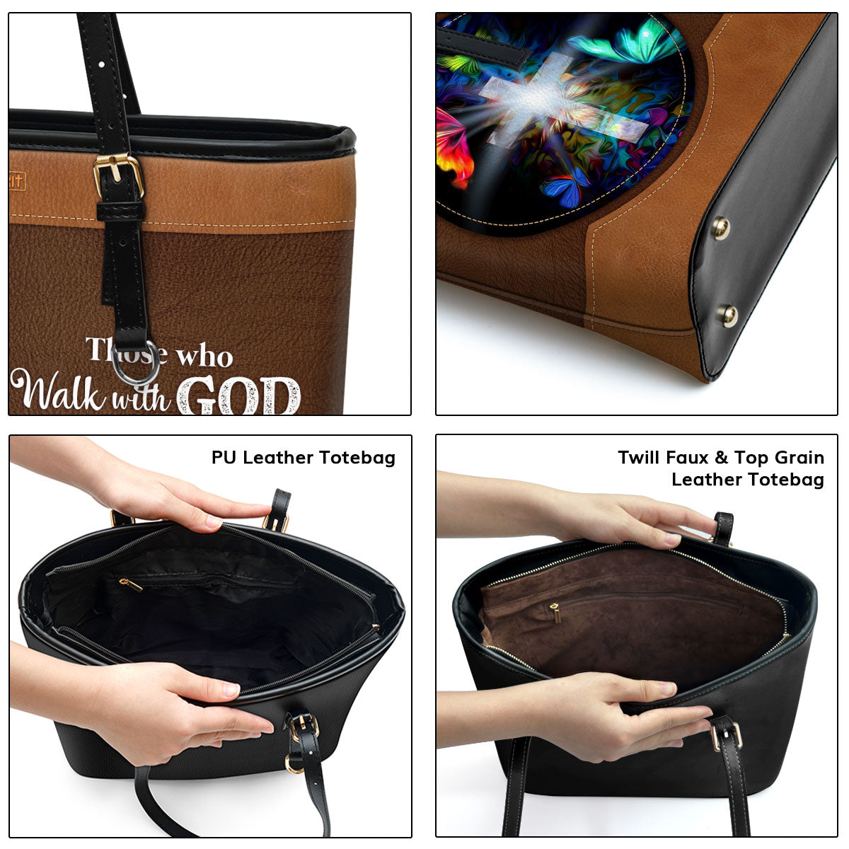 Personalized Cross Large Leather Tote Bag - Those Who Walk With God Always Reach Their Destination NUH266