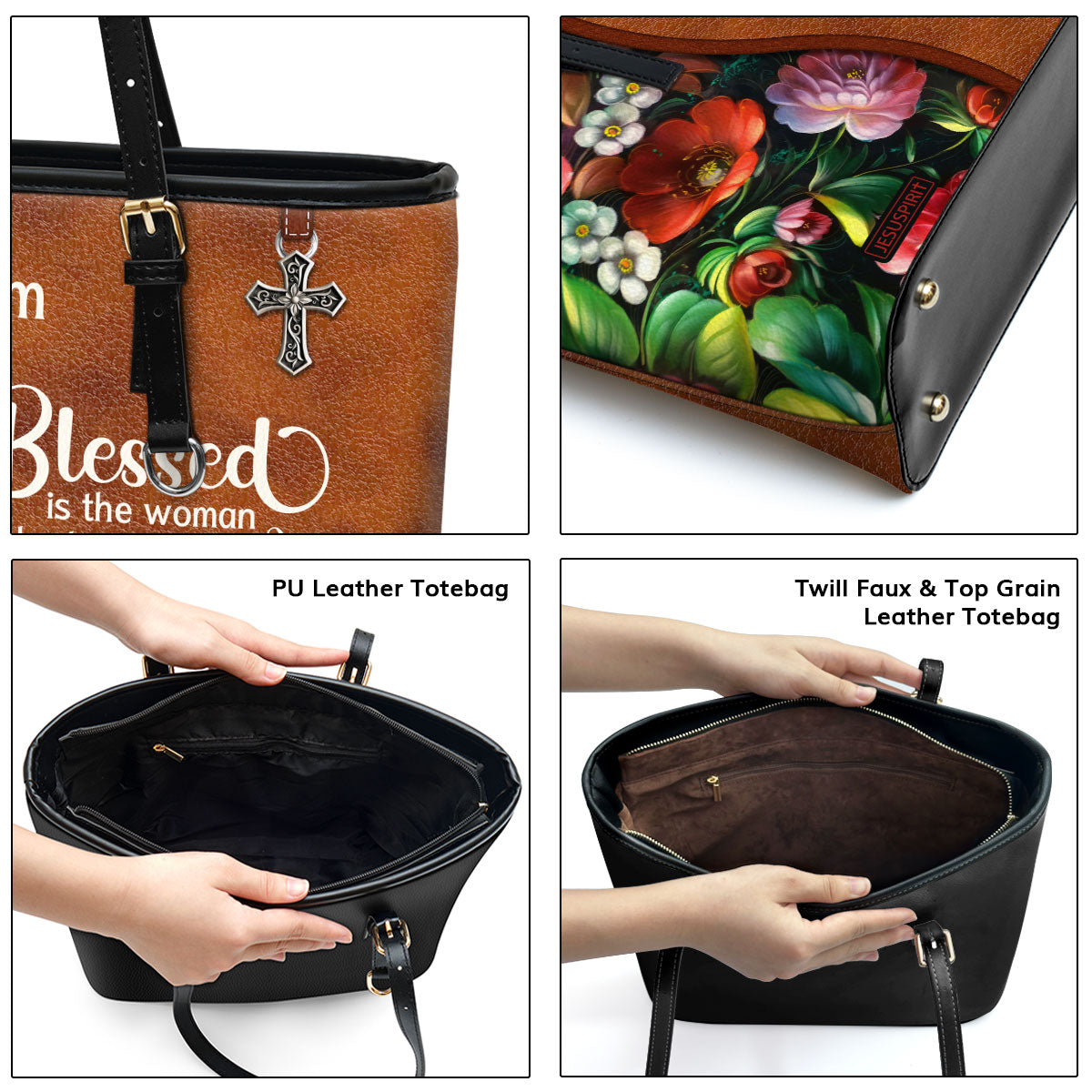 Meaningful Personalized Large Leather Tote Bag - Blessed Is The Woman Who Trusts In The Lord NUHN374