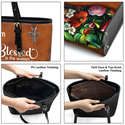 Meaningful Personalized Large Leather Tote Bag - Blessed Is The Woman Who Trusts In The Lord NUHN374