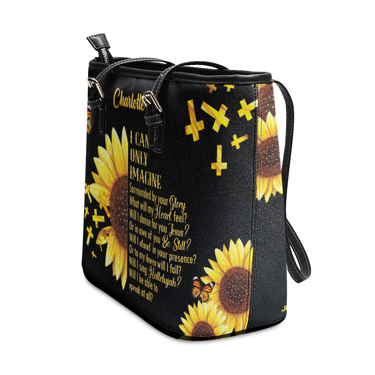 Jesuspirit | Personalized Large Leather Tote Bag With Long Strap | I Can Only Imagine | Sunflower And Cross LLTBHN153