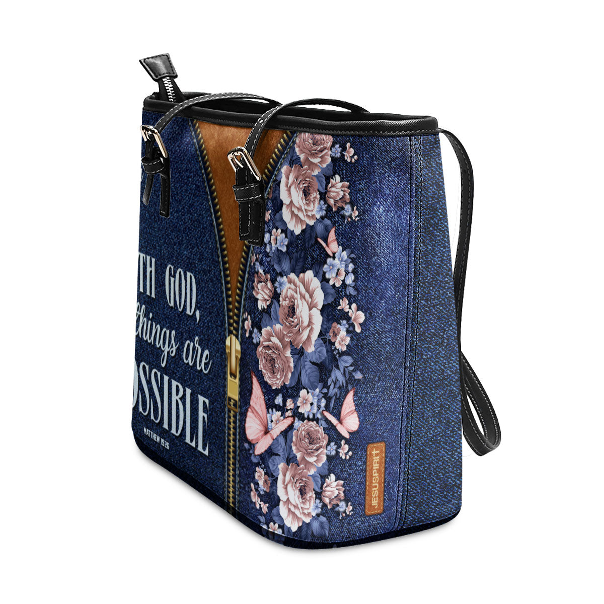 Jesuspirit | With God All Things Are Possible | Matthew 19:26 | Large Leather Tote Bag With Long Strap | Spiritual Gifts For Christian Women LLTBHN673