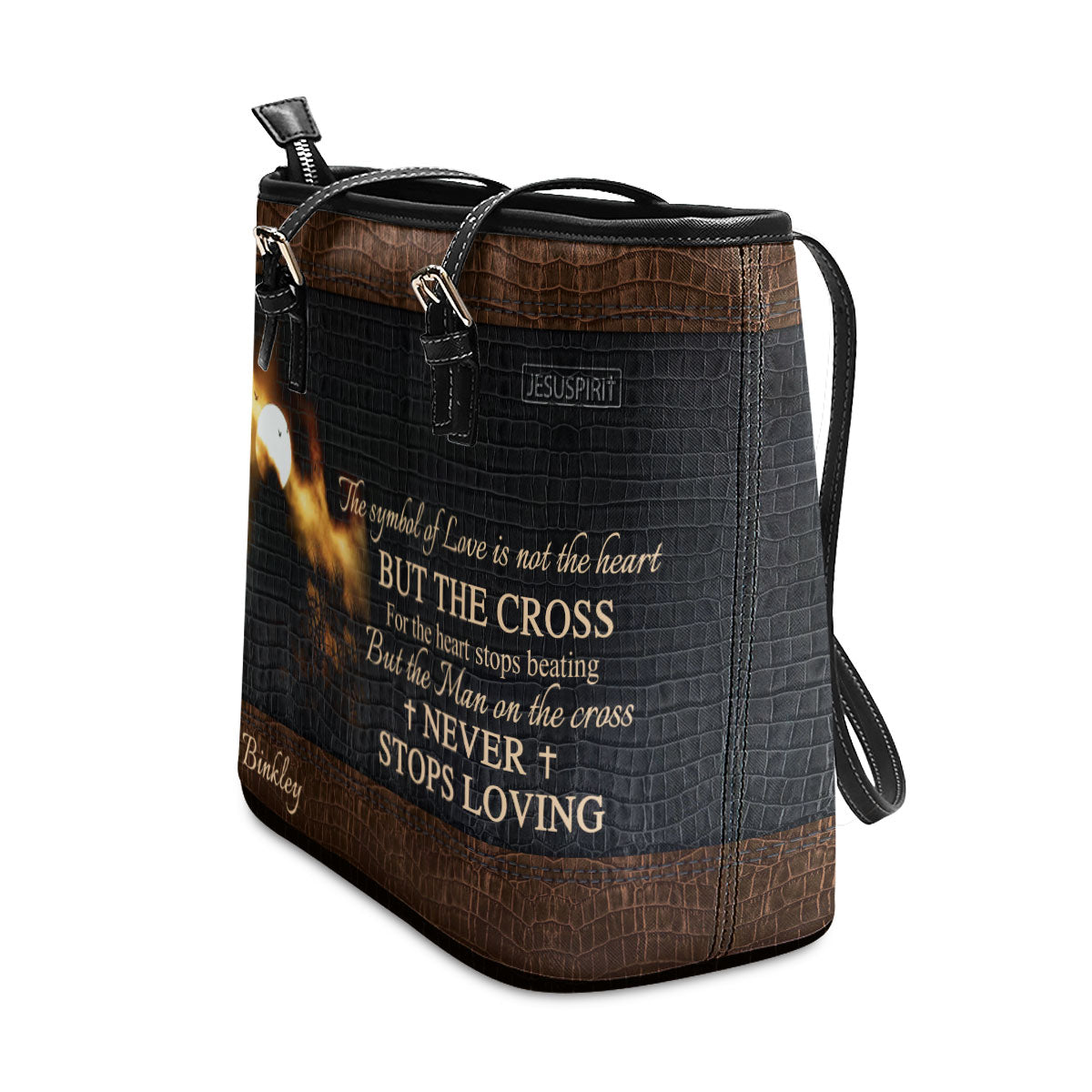 The Man On The Cross Never Stops Loving - Beautiful Personalized Large Leather Tote Bag NUH264