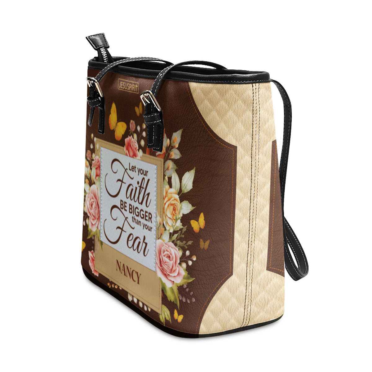 Stunning Personalized Large Leather Tote Bag - Let Your Faith Be Bigger Than Your Fear NUH334