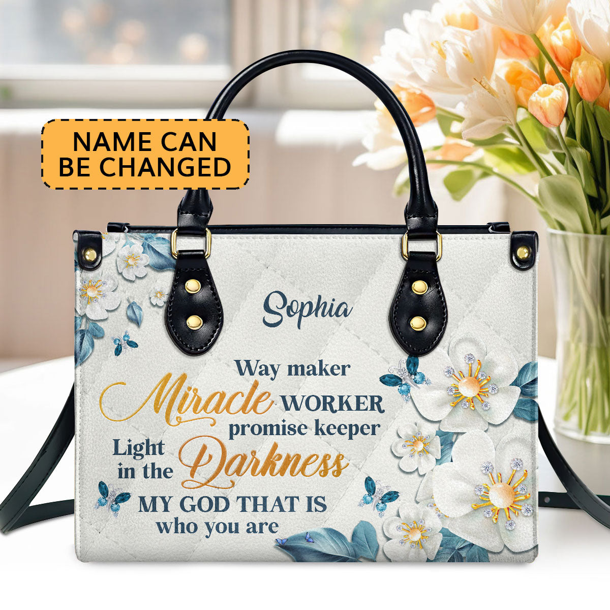 Jesuspirit Personalized Leather Handbag With Handle | Thoughtful Gift For Christians | Flower & Butterfly | Way Maker And Miracle Worker LHBHN612