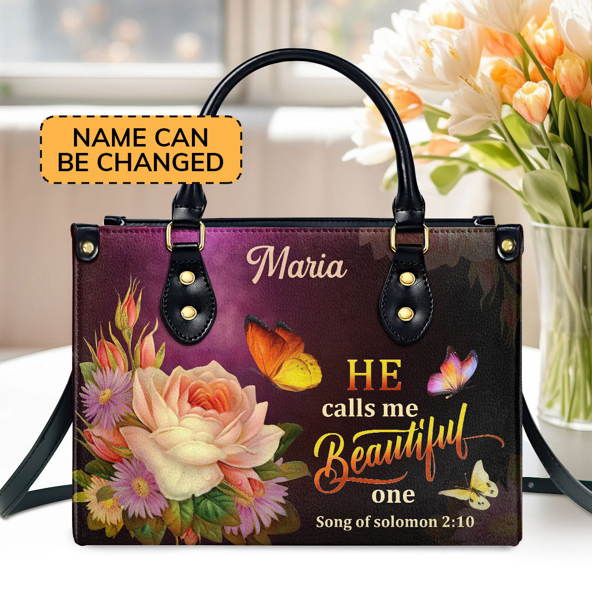 Jesuspirit | Personalized Leather Handbag With Handle | Solomon 2:10 | Flower And Butterfly | He Calls Me Beautiful One LHBMM676