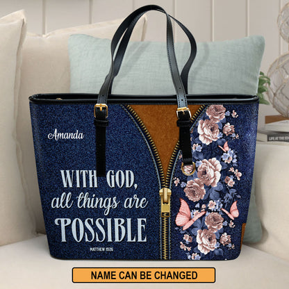 Jesuspirit | With God All Things Are Possible | Matthew 19:26 | Large Leather Tote Bag With Long Strap | Spiritual Gifts For Christian Women LLTBHN673