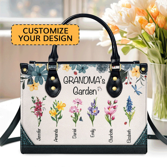 Grandma's Garden | Personalized Leather Handbag With Zipper LHBHN04
