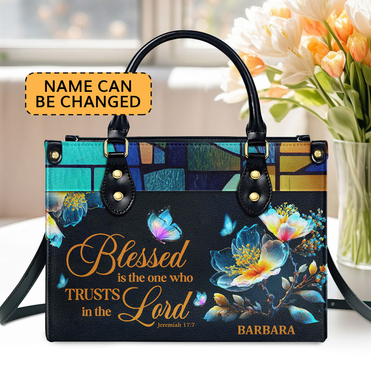 Jesuspirit | Personalized Leather Handbag With Handle | Blessed Is The One Who Trusts In The Lord | Jeremiah 17:7 | Spiritual Gift Of Faith For Women LHBHN690