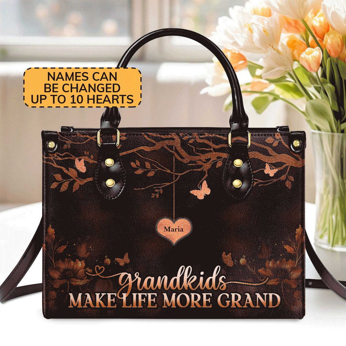 Grandkids Make Life More Grand | Personalized Leather Handbag With Zipper LHBM799