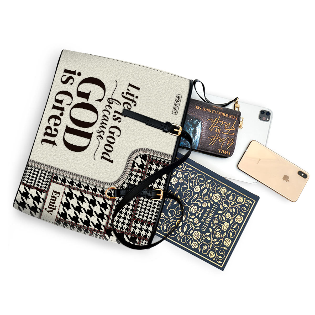 Must-Have Large Leather Tote Bag - Life Is Good Because God Is Great HIHN274