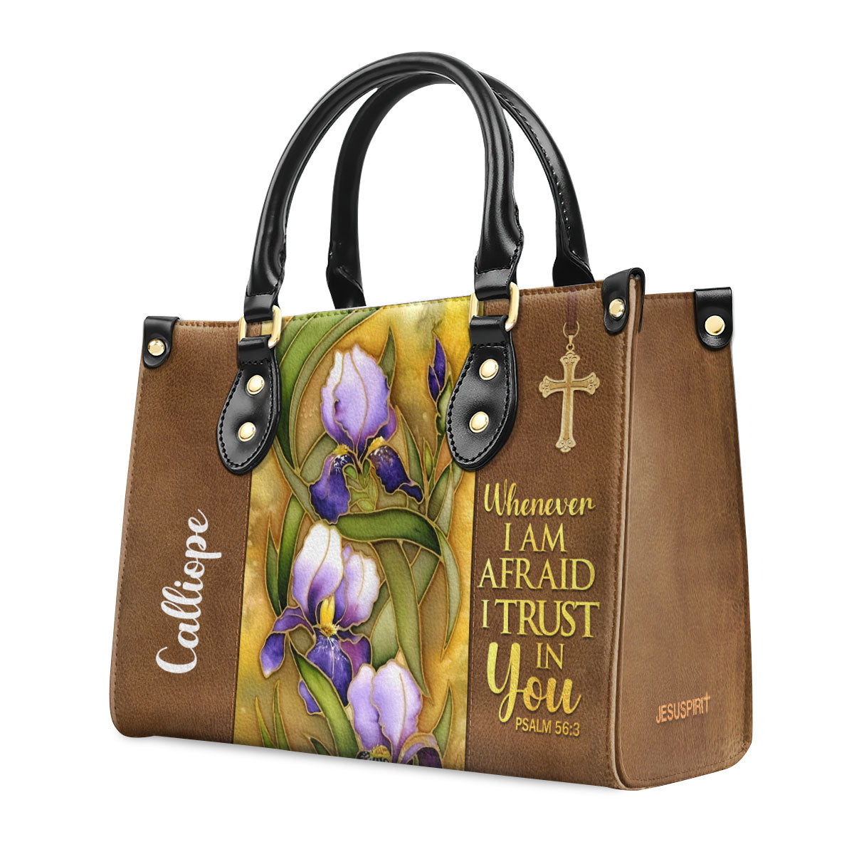 Jesuspirit | Flower And Cross | Whenever I Am Afraid, I Trust In You | Psalm 56:3 | Personalized Leather Handbag LHBH602