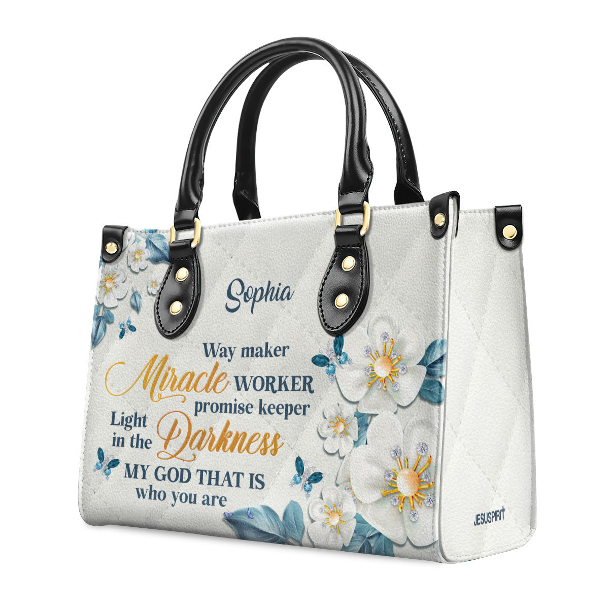 Jesuspirit Personalized Leather Handbag With Handle | Thoughtful Gift For Christians | Flower & Butterfly | Way Maker And Miracle Worker LHBHN612