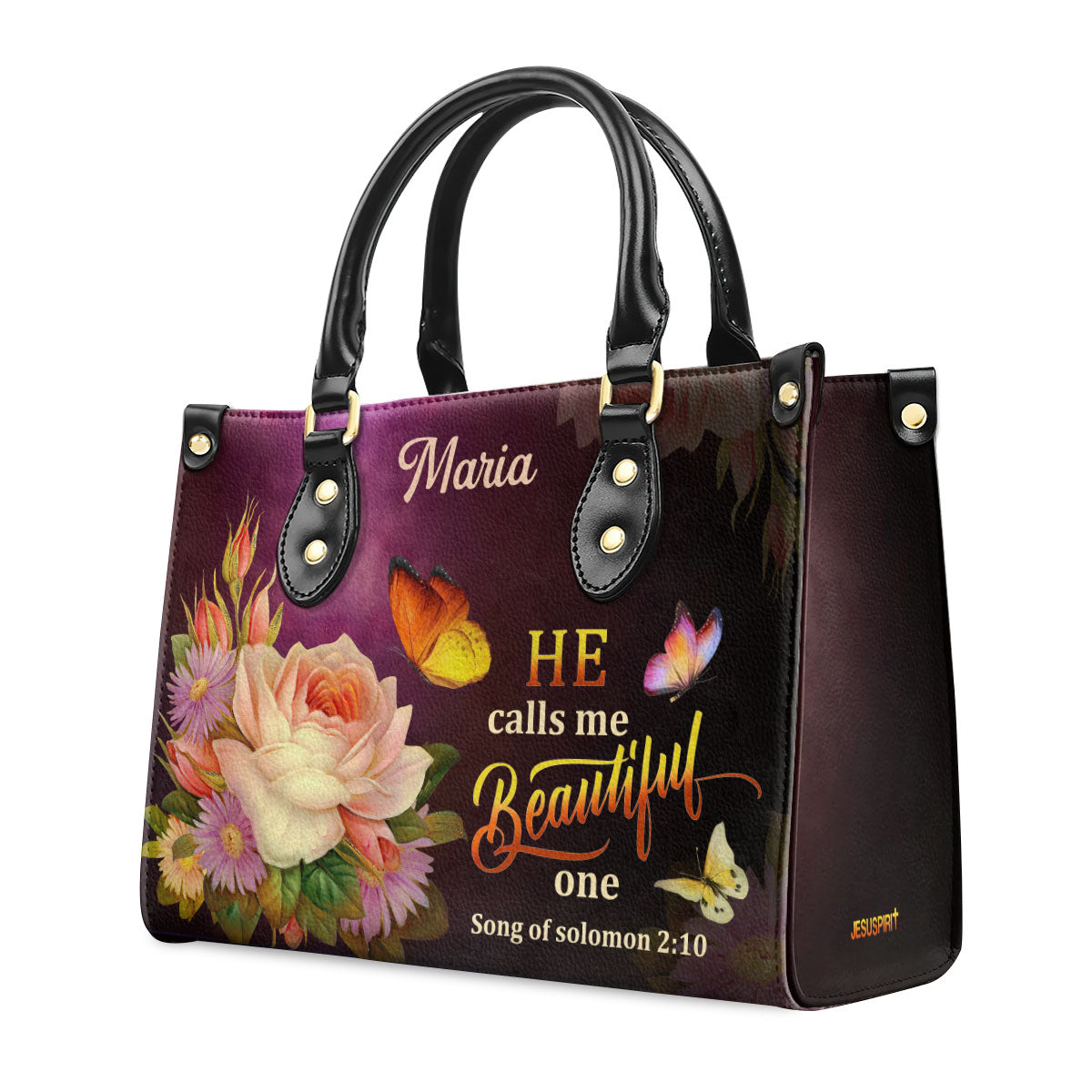 Jesuspirit | Personalized Leather Handbag With Handle | Solomon 2:10 | Flower And Butterfly | He Calls Me Beautiful One LHBMM676
