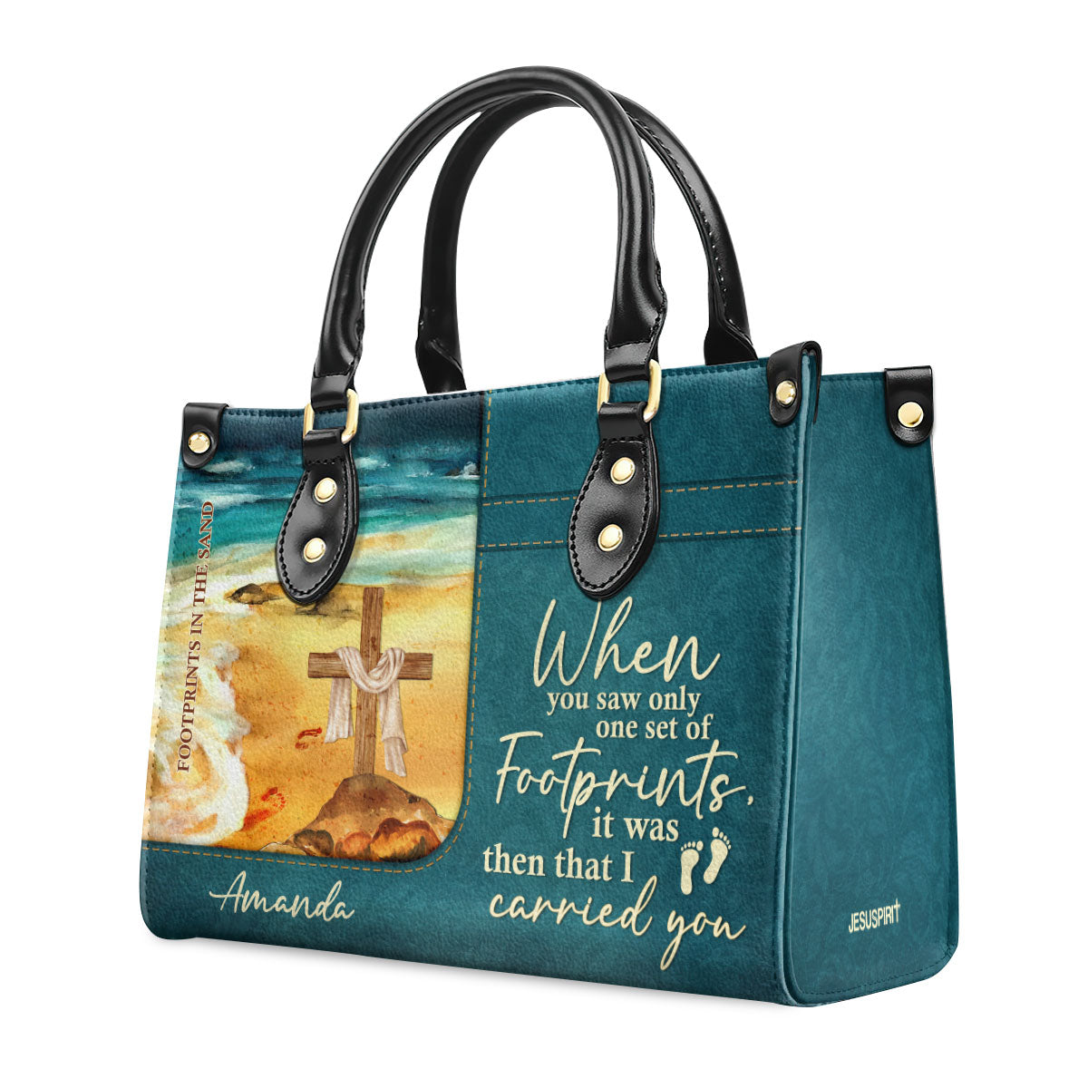 Jesuspirit | Personalized Leather Handbag With Long Strap | Footprints In The Sand | Special Gift For Christian Ladies LHBNUHN490