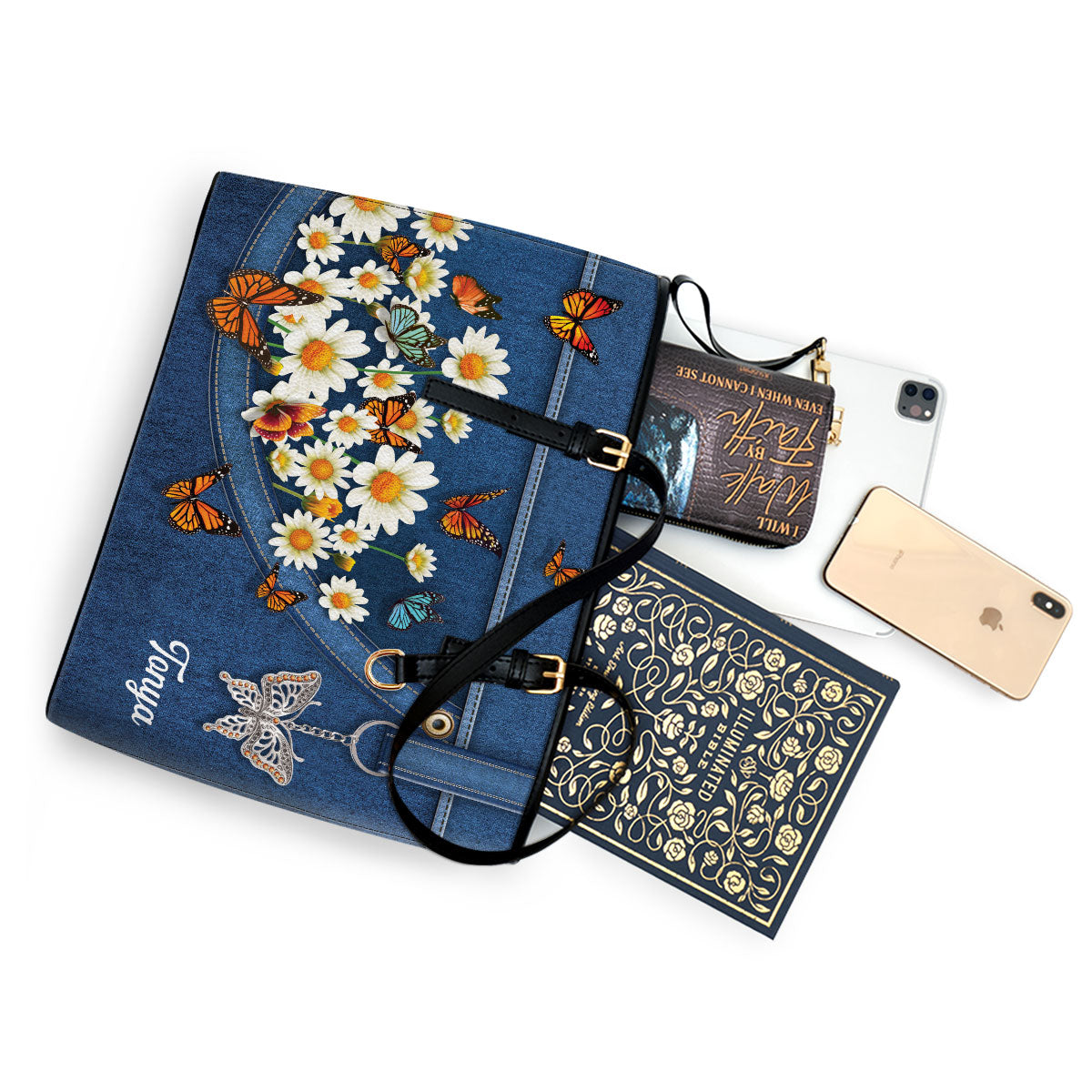Daisy and Butterfly Large Leather Tote Bag HM422