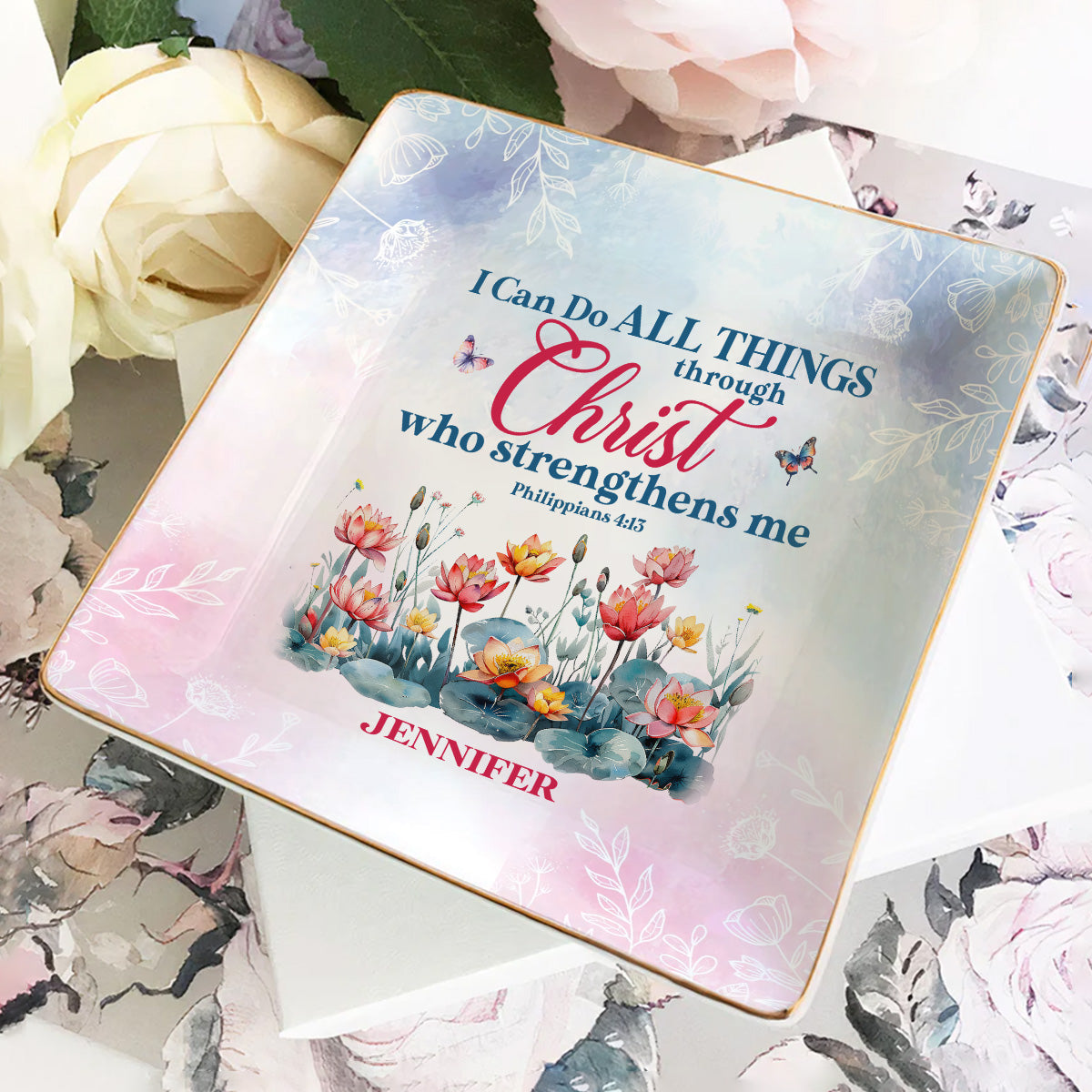 I Can Do All Things Through Christ - Personalized Ceramic Ring Dish Square