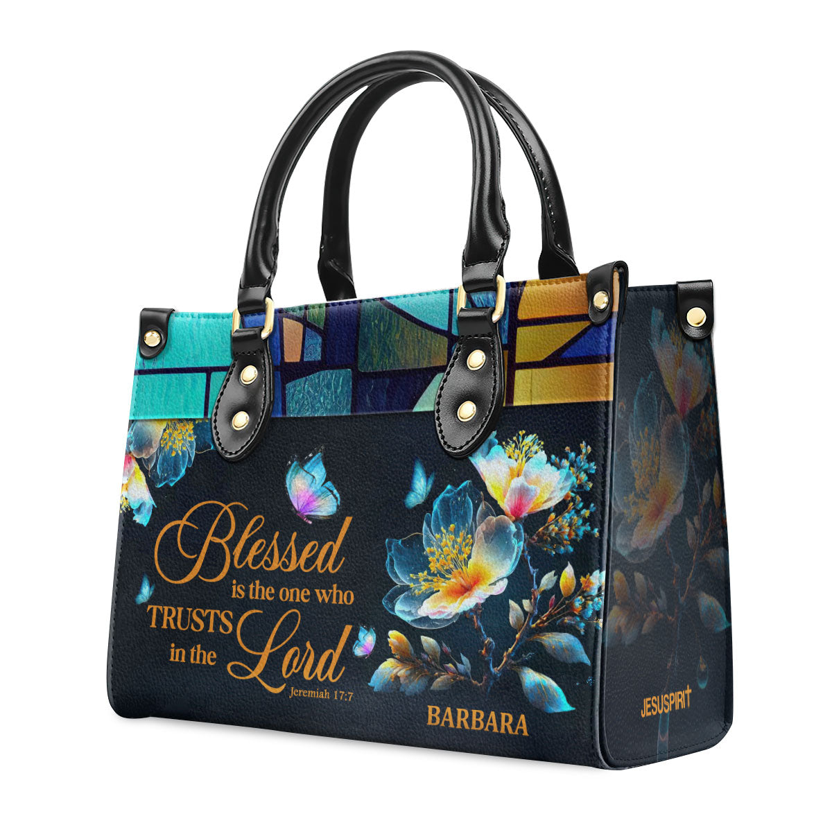 Jesuspirit | Personalized Leather Handbag With Handle | Blessed Is The One Who Trusts In The Lord | Jeremiah 17:7 | Spiritual Gift Of Faith For Women LHBHN690