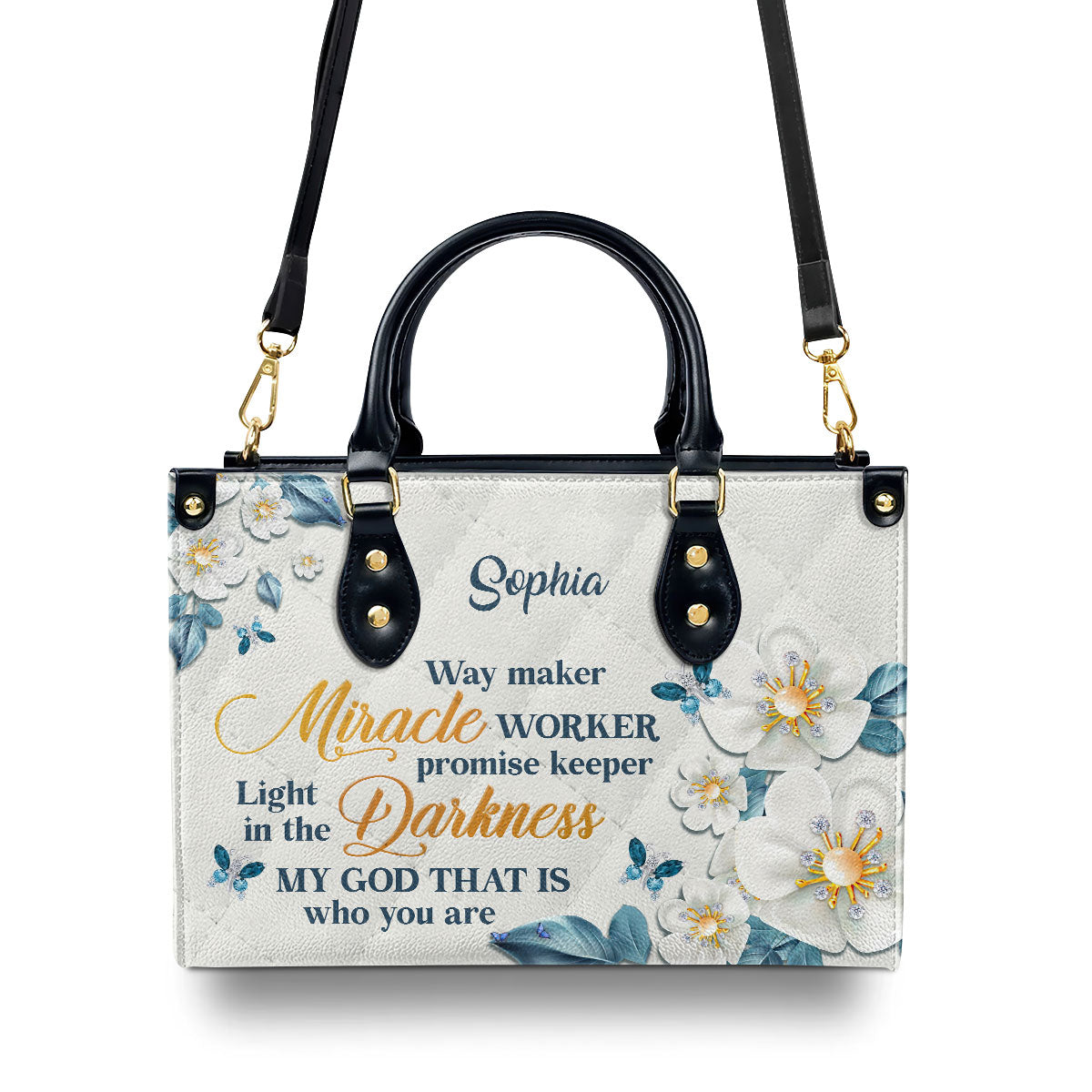Jesuspirit Personalized Leather Handbag With Handle | Thoughtful Gift For Christians | Flower & Butterfly | Way Maker And Miracle Worker LHBHN612