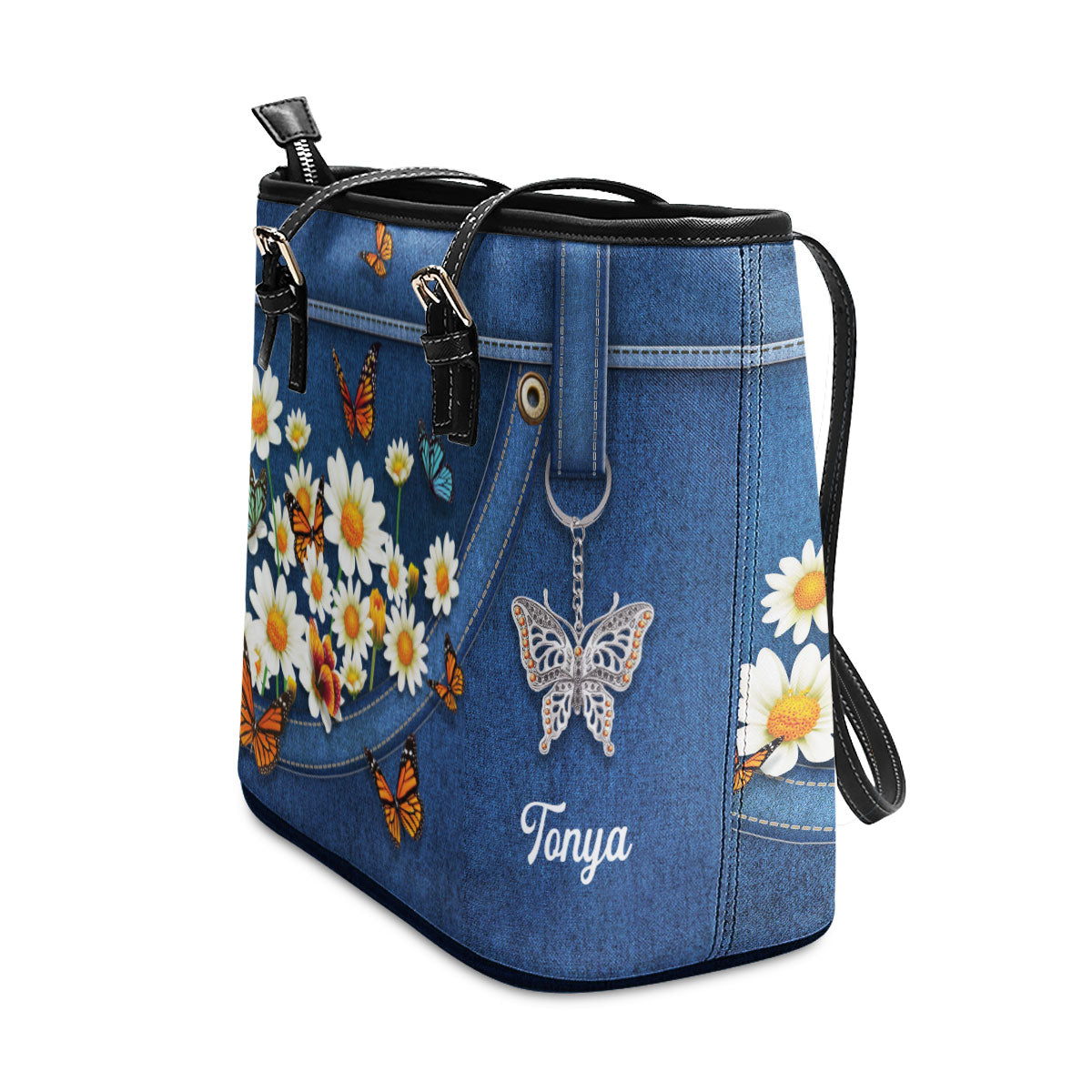 Daisy and Butterfly Large Leather Tote Bag HM422