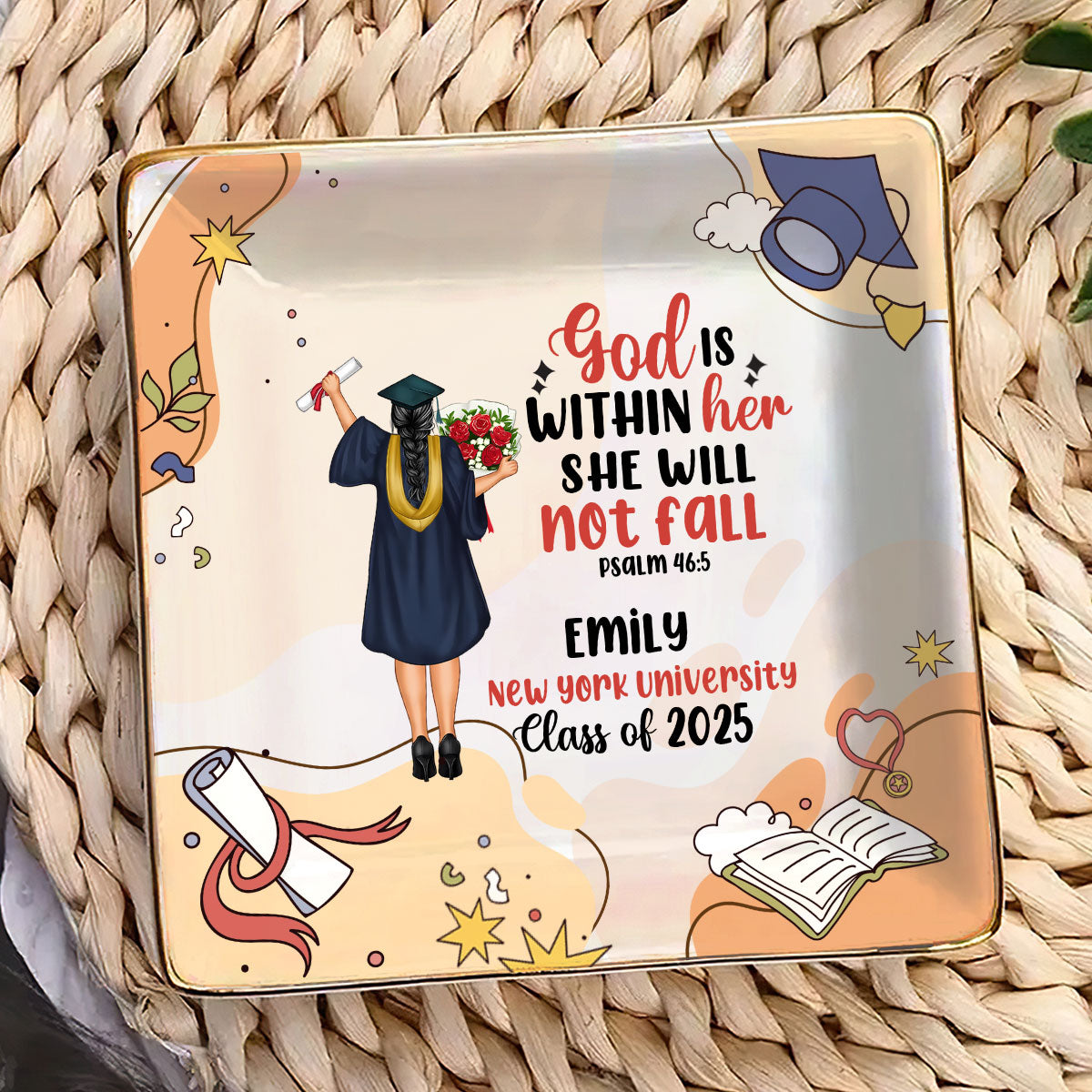 God Is Within Her She Will Not Fall | Personalized Ceramic Ring Dish Square
