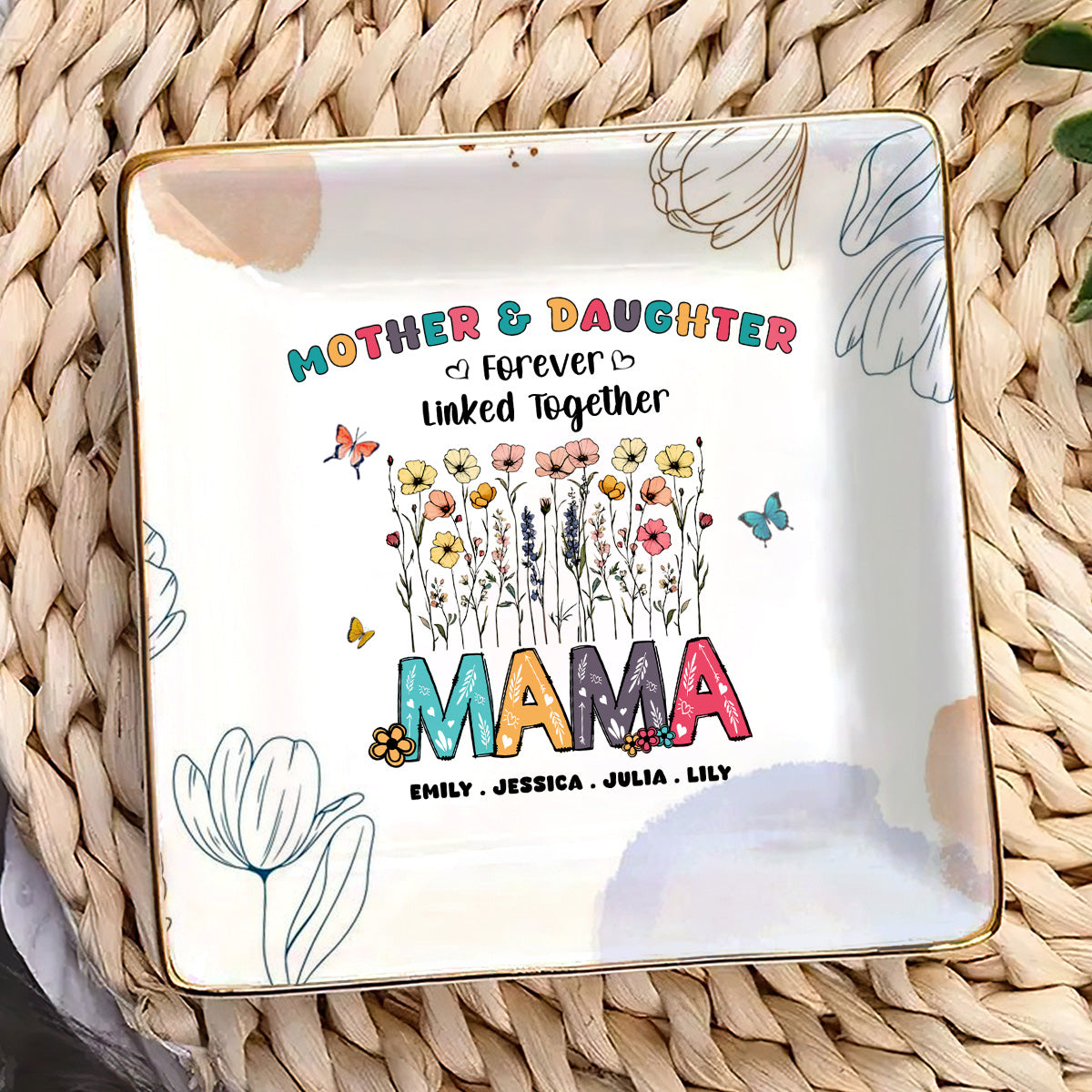 Mother & Daughters Forever Linked Together | Personalized Ceramic Ring Dish Square