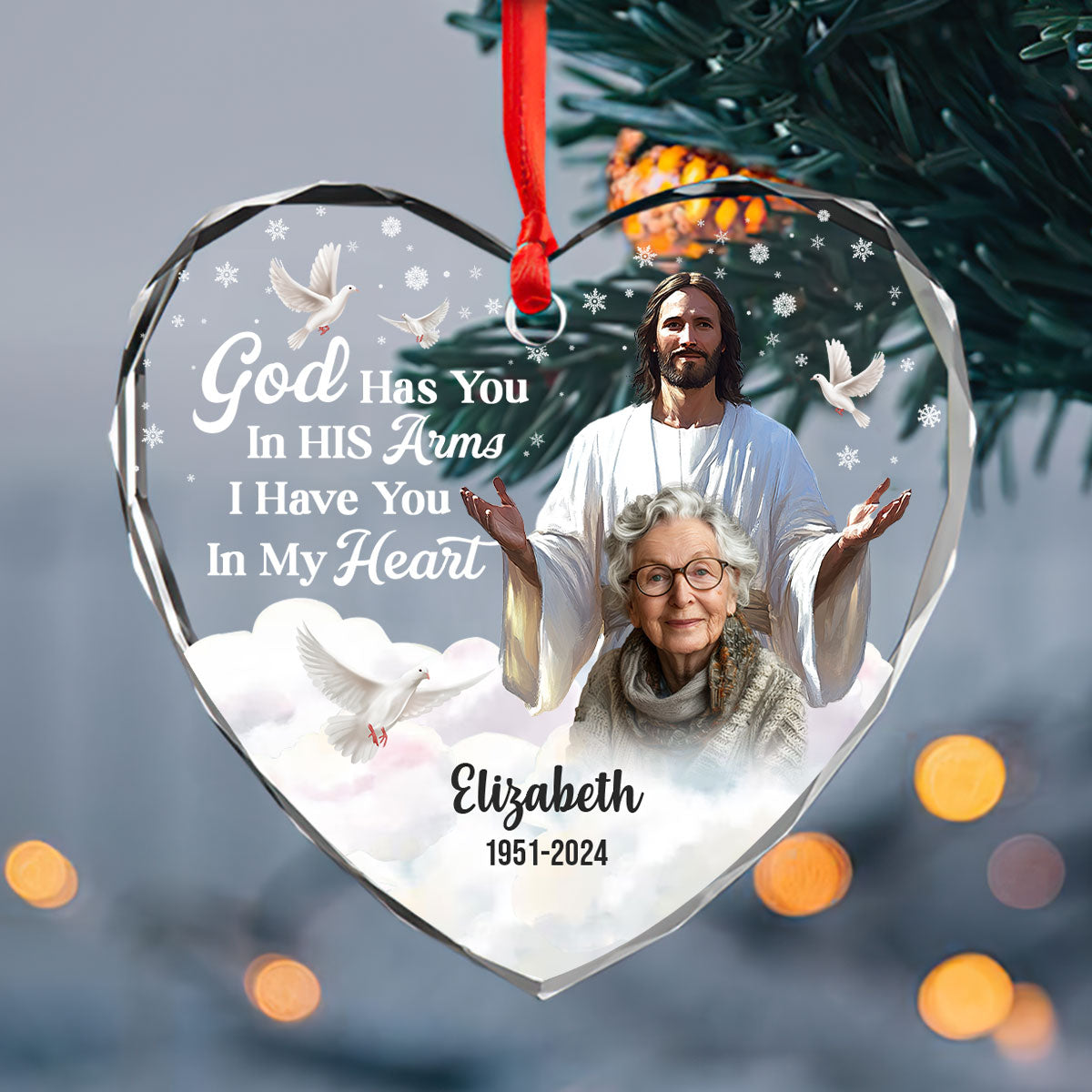 God Has You In His Arms I Have You In My Heart | Personalized Heart Shaped Glass Ornament JSHGOPHN2082TA