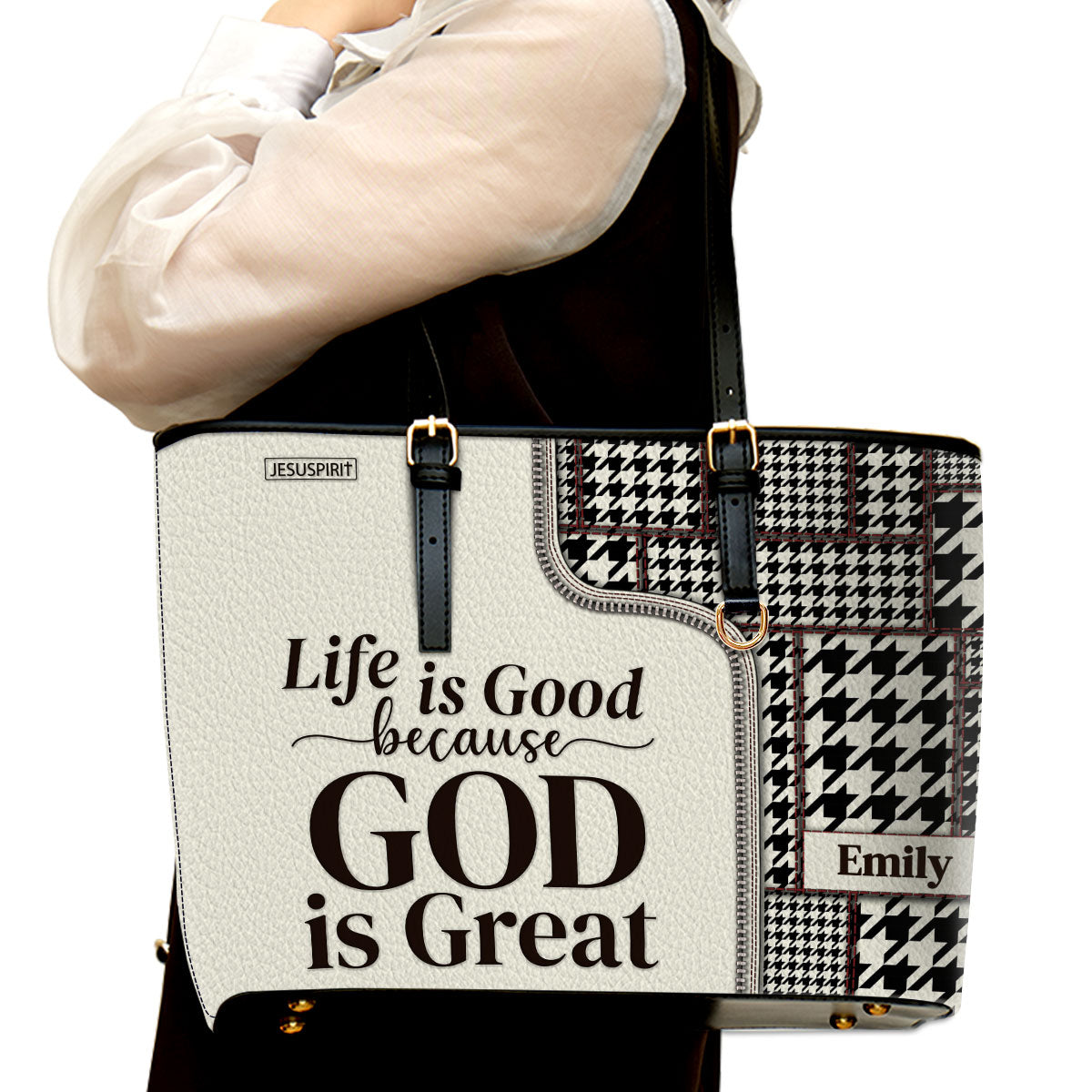 Must-Have Large Leather Tote Bag - Life Is Good Because God Is Great HIHN274