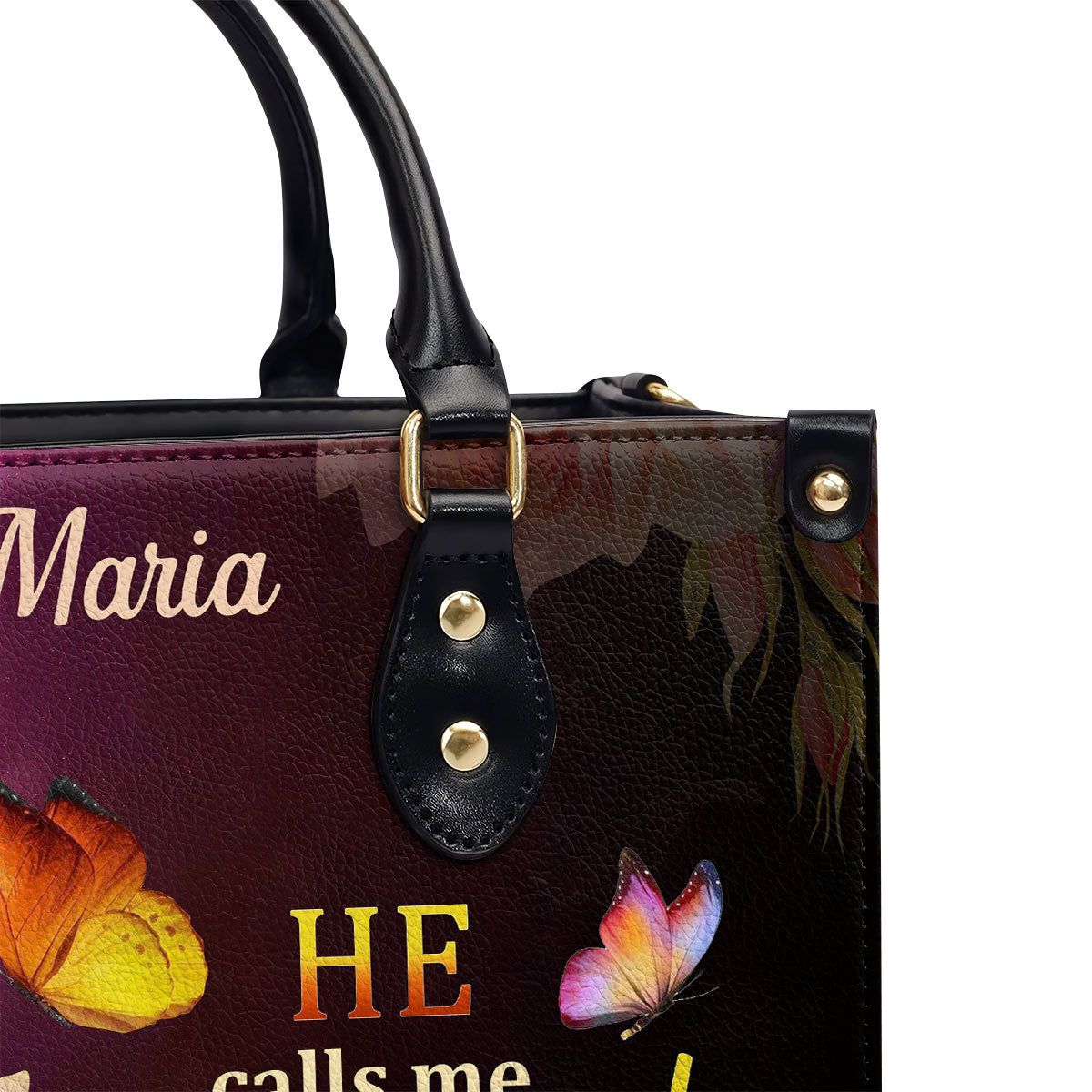 Jesuspirit | Personalized Leather Handbag With Handle | Solomon 2:10 | Flower And Butterfly | He Calls Me Beautiful One LHBMM676