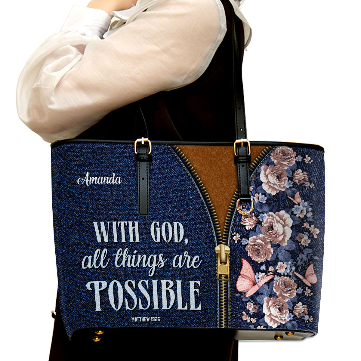 Jesuspirit | With God All Things Are Possible | Matthew 19:26 | Large Leather Tote Bag With Long Strap | Spiritual Gifts For Christian Women LLTBHN673