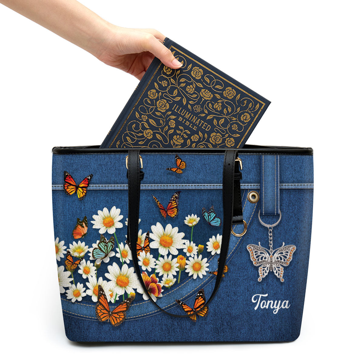 Daisy and Butterfly Large Leather Tote Bag HM422