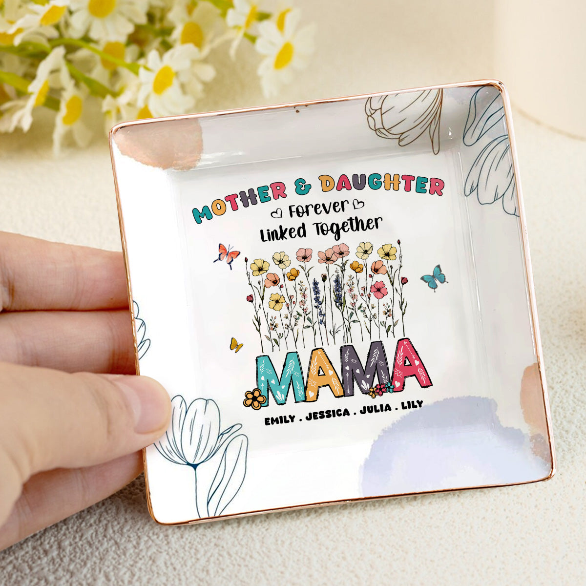 Mother & Daughters Forever Linked Together | Personalized Ceramic Ring Dish Square
