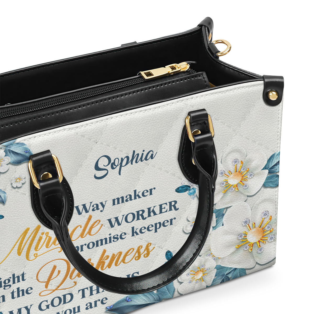 Jesuspirit Personalized Leather Handbag With Handle | Thoughtful Gift For Christians | Flower & Butterfly | Way Maker And Miracle Worker LHBHN612