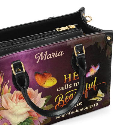 Jesuspirit | Personalized Leather Handbag With Handle | Solomon 2:10 | Flower And Butterfly | He Calls Me Beautiful One LHBMM676