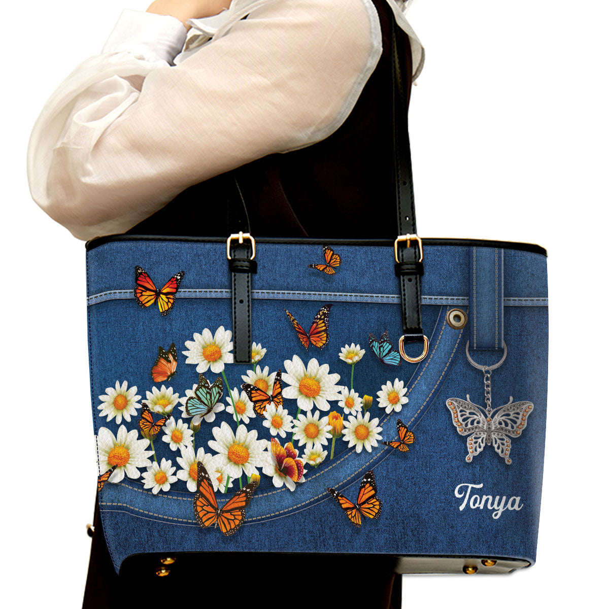 Daisy and Butterfly Large Leather Tote Bag HM422