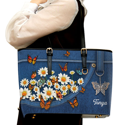 Daisy and Butterfly Large Leather Tote Bag HM422