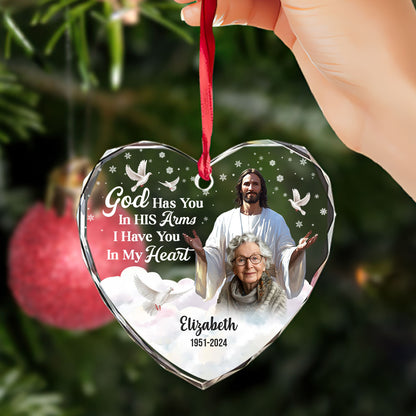 God Has You In His Arms I Have You In My Heart | Personalized Heart Shaped Glass Ornament JSHGOPHN2082TA