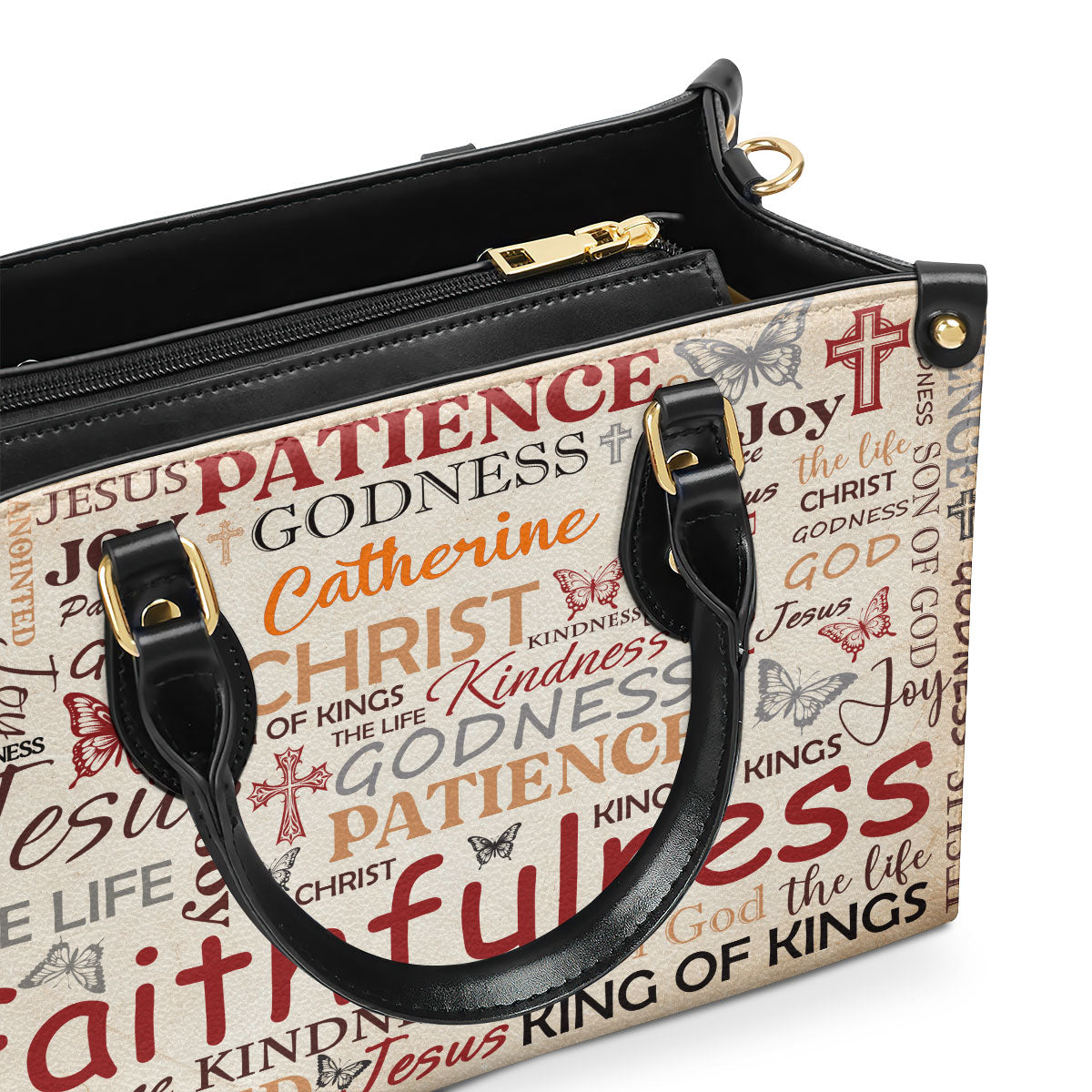 Jesuspirit | Personalized Leather Handbag With Zipper | Patience Godness Faithfulness LHBM730