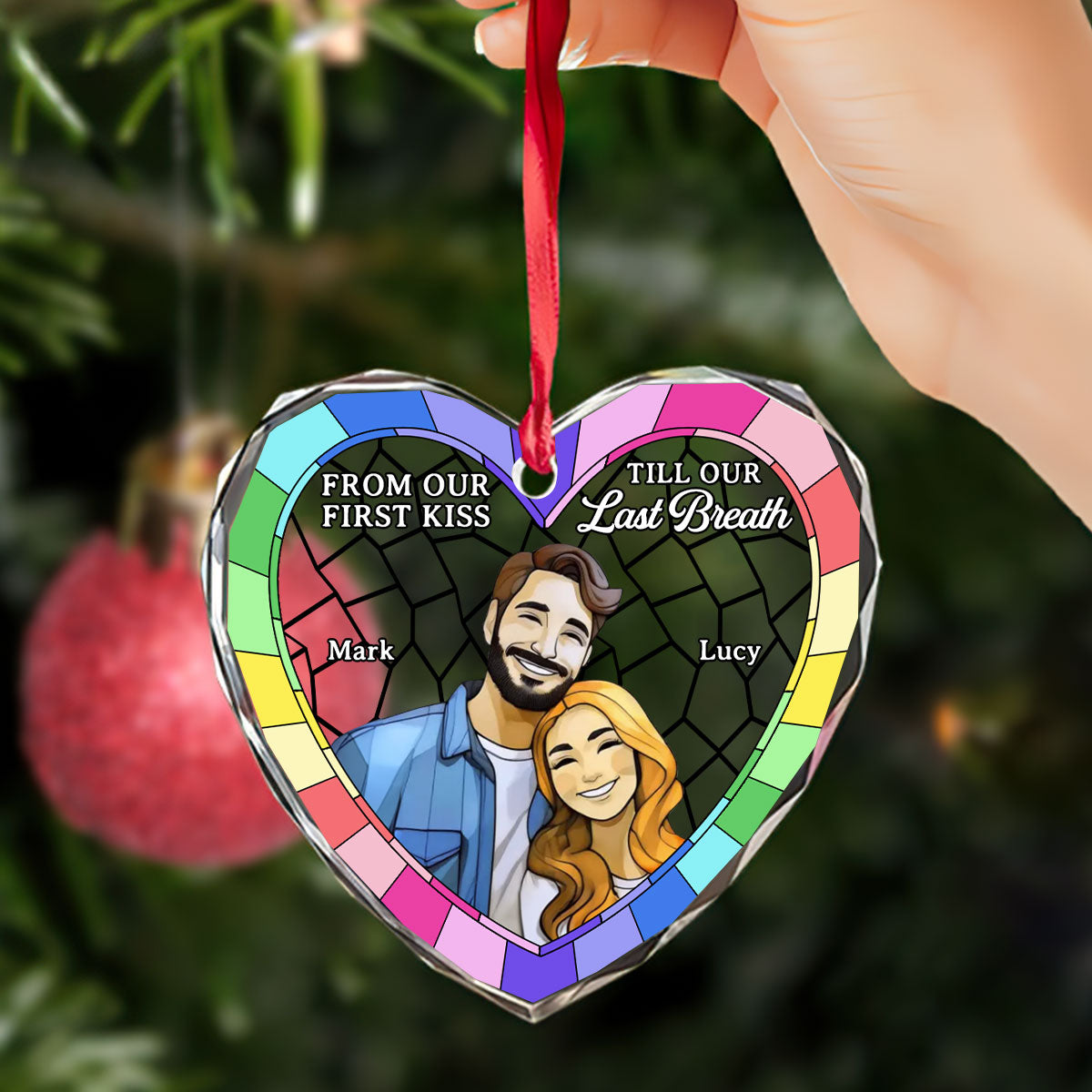 From Our First Kiss Till Our Last Breath | Personalized Heart Shaped Glass Ornament JSHGOPT2217M